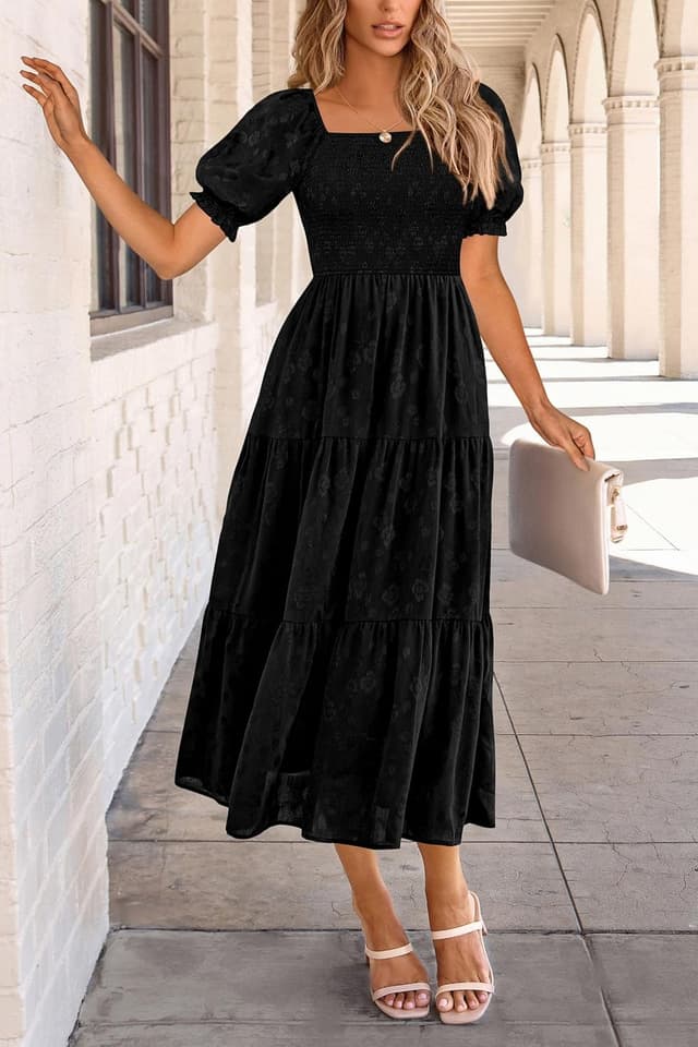 Detalle de PRETTYGARDEN Women’s 2026 Summer Casual Midi Dress (Square Neck, Smocked A-Line Floral)