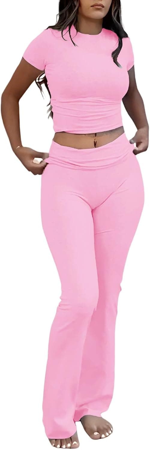 Detalle de YETOWA Women’s 2-Piece Lounge Set with Slim Short-Sleeve Top and Low-Rise Flare Leggings