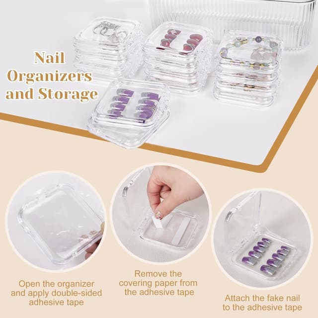 Detalle de Inmorven Press On Nail Organiser Kit (14 clear cases + 1 big acrylic storage box + 60 double-sided tape strips)