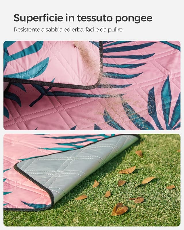 Detalle de SONGMICS Coperta Picnic 200 x 200 cm con strato impermeabile, motivo felce e rosa (GCM87KJ)