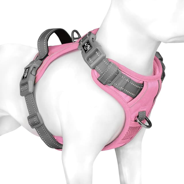 Detalle de PHOEPET No Pull Escape Proof Adjustable Dog Harness with Reflective Straps and Easy Control Handle (Baby Pink/Grey, M)
