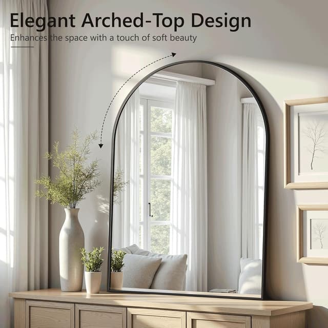 Detalle de 30"x20" Arched Black Wall Vanity Mirror with Metal Frame (Shatterproof Glass, Matte Black)