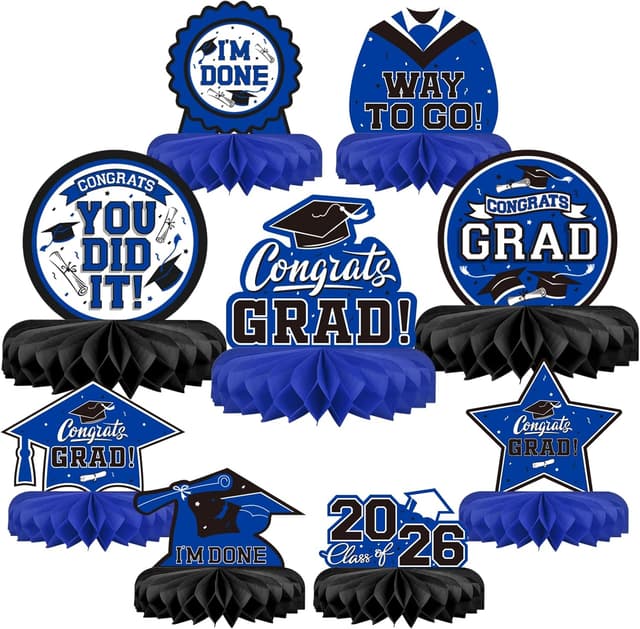Detalle de 9PCS Graduation Party Decorations Class of 2026 Honeycomb Table Centerpieces (Blue, Black)