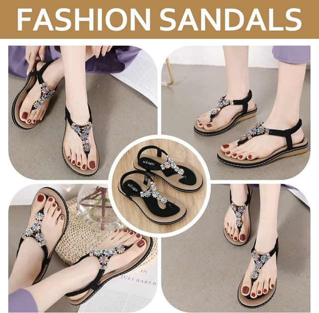 Detalle de FOGOIN Women’s Flip Flops Leather Toe Post Sandals with Elastic T-Strap & Non-Slip Rubber Outsole