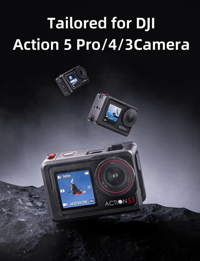 Detalle 2 de llano Action Camera Cage for DJI Osmo Action 5 Pro / 4 / 3 (CNC aluminium) — cold shoe + 1/4”-20, magnetic mount compatible, 57g