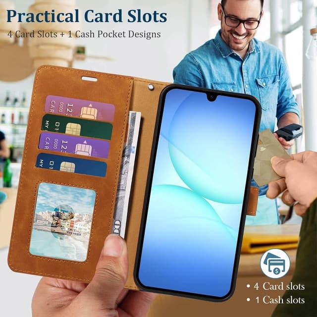 Detalle 2 de GOTOURED Leather Wallet Flip Case for Samsung Galaxy A17 5G (Brown) with RFID blocking and kickstand