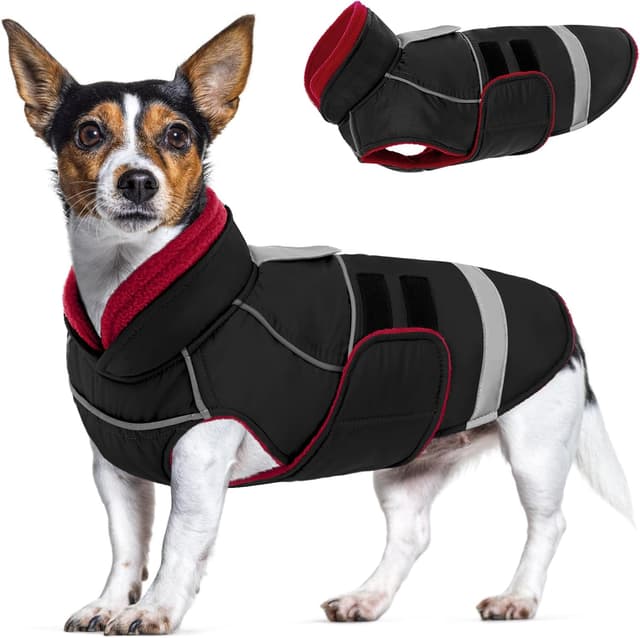 Detalle de CITÉTOILE Hundejacke mit Klettverschluss – reflektierend, Führungsöse & wärmender Kragen (Schwarz, XS)