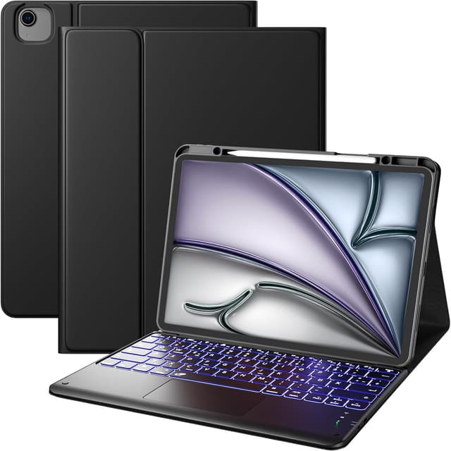 Detalle de Vobafe Tastatur-Hülle für iPad Air 13 Zoll & iPad Pro 12,9 Zoll – QWERTZ mit Trackpad, 7 Farben, Stifthalter (schwarz)