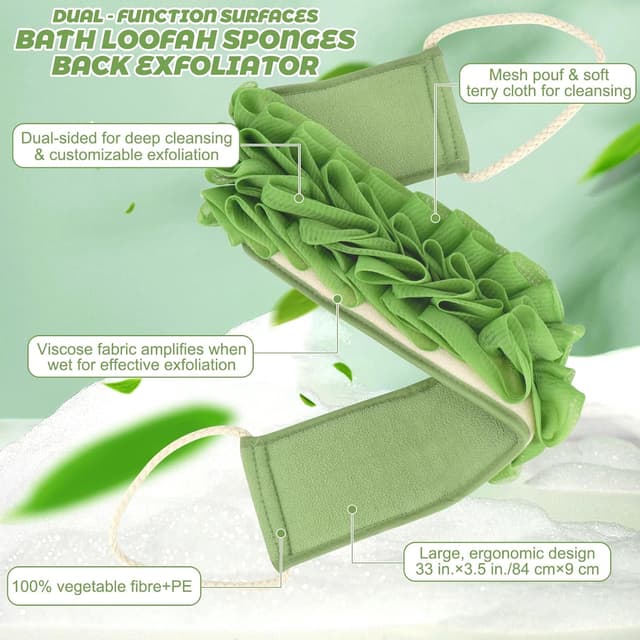 Detalle 2 de Homgaty Back Scrubber and Exfoliating Mitt Set – dual-sided loofah-style scrub strips and bath glove