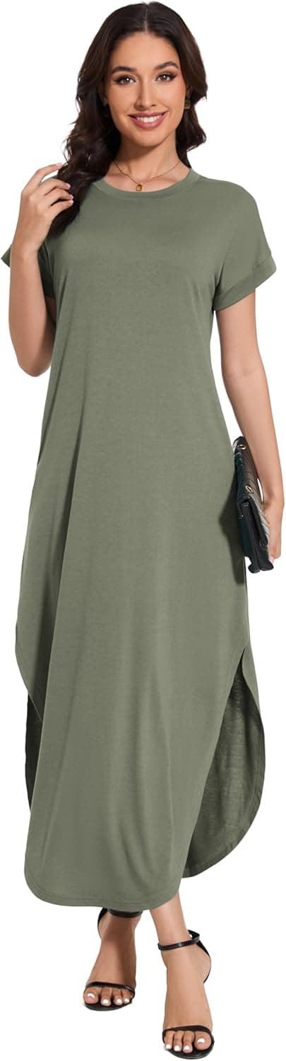 Detalle de Jeqeocafy Women’s Summer Long Sundress Crewneck Short Sleeve Maxi Dress with Pockets