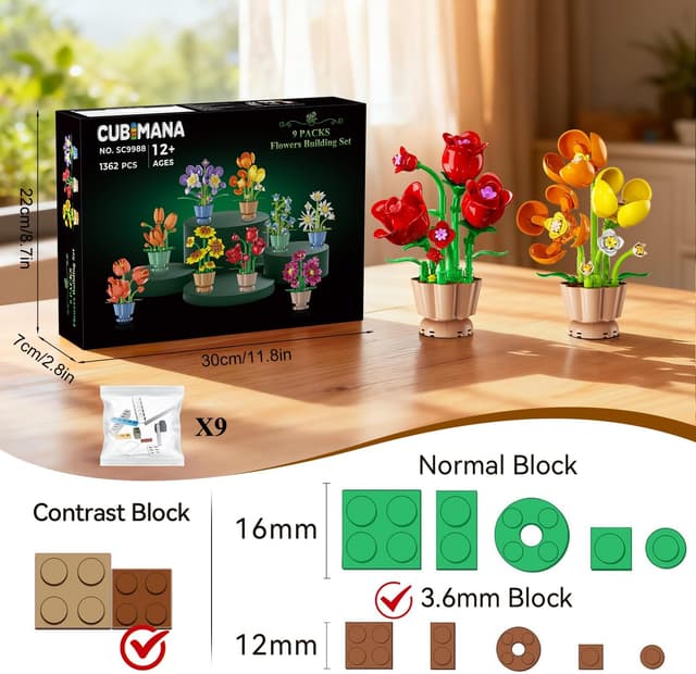 Detalle 2 de CUBIMANA 9 Blumen Bausatz „Botanicals Collection“ (3,6 mm Mini-Steine, 1.362 Teile) – für Deko & kreatives Bauen