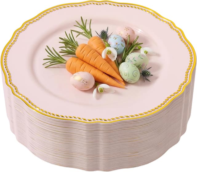 Detalle de Hioasis 60pcs Pink Plastic Plates (10.25 in) with Pink & Gold Rim — BPA-Free Disposable Dinnerware for Parties