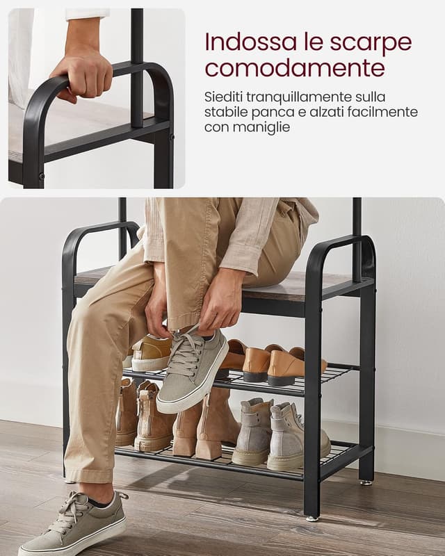 Detalle 2 de VASAGLE Appendiabiti con scarpiera mobile e panca 4 in 1 HSR40MB Greige e Nero