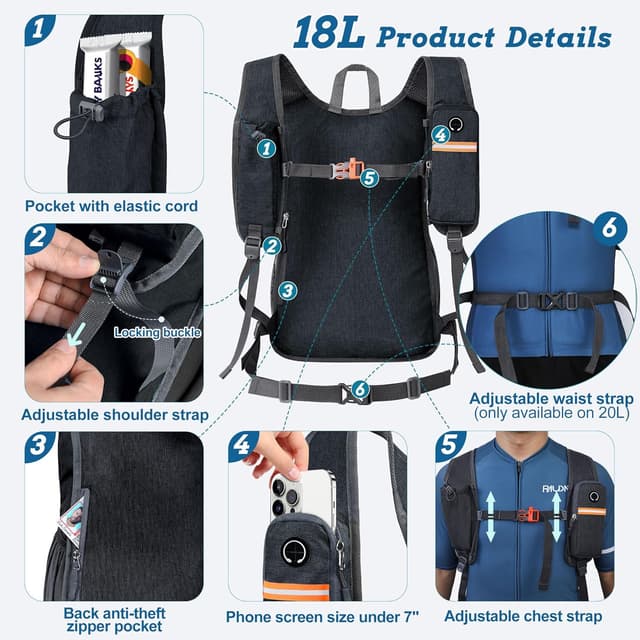 Thumbnail 1 de BECOJADDE 18L Foldable Hiking Backpack with Chest Belt and Anti-theft Pocket (Black)