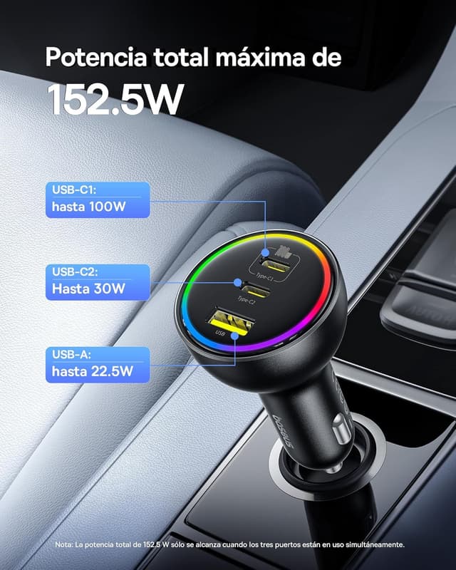 Detalle 2 de Baseus 152.5W Cargador Coche 3 Puertos