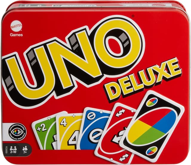 Detalle de Mattel Games UNO Deluxe caja metálica, 108 cartas 🎲