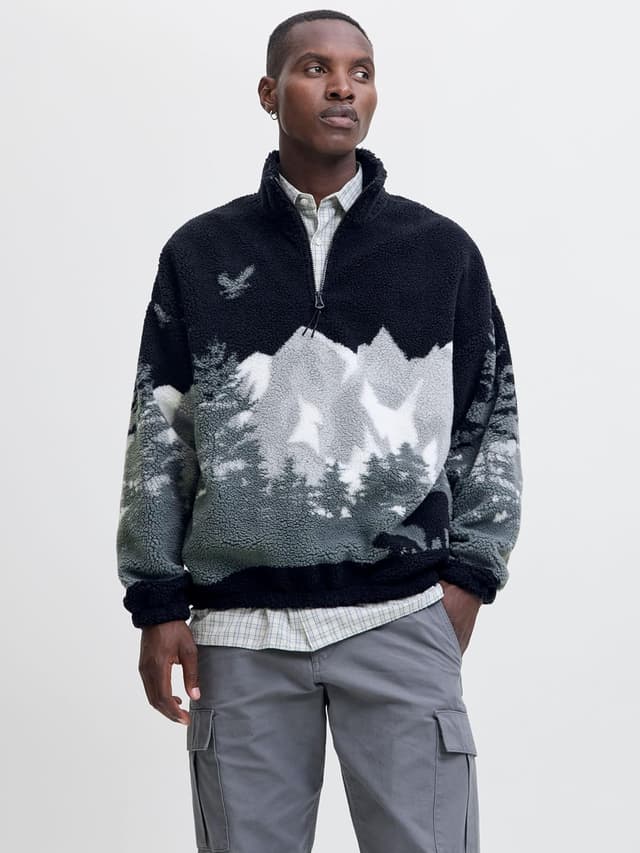 Detalle de Jack & Jones Jorbear Mountain Teddy Half Zip da uomo: giacca in felpa a mezza zip