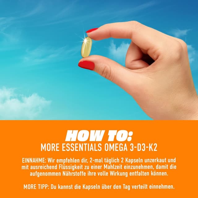 Detalle de MORE Vegan Essentials O3-D3-K2 (80 Kapseln) – veganes Omega-3 aus Algenöl mit Vitamin D3 & K2