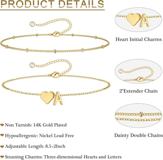 Detalle 2 de TINGN Fußkettchen Damen mit Herz & Buchstaben, 14K vergoldet, wasserfestes Knöchel-Schmuckstück