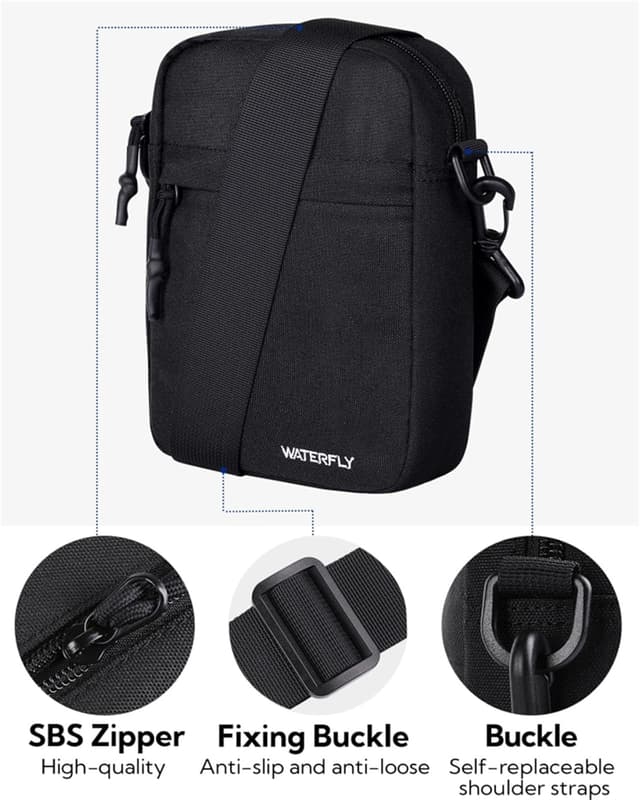 Detalle de Waterfly men’s cross body bag (small messenger/EDC sling) in water-resistant nylon