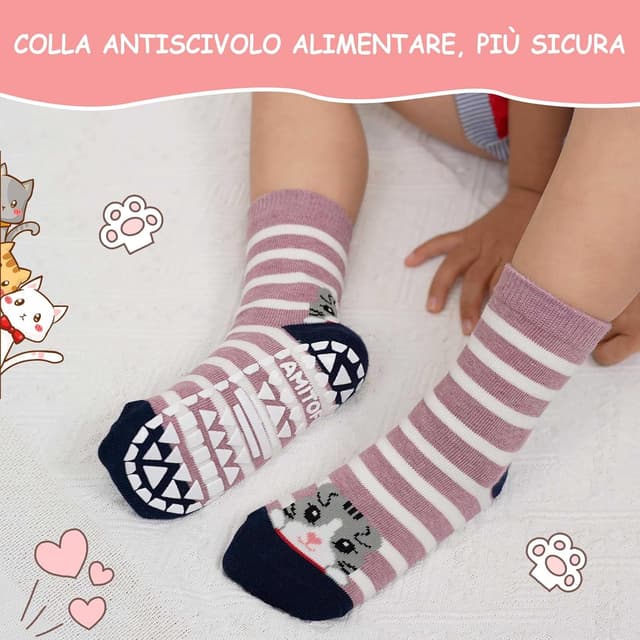 Detalle de ZFSOCK calze antiscivolo bambino in cotone, fantasia animali a righe (confezione da 5 paia)