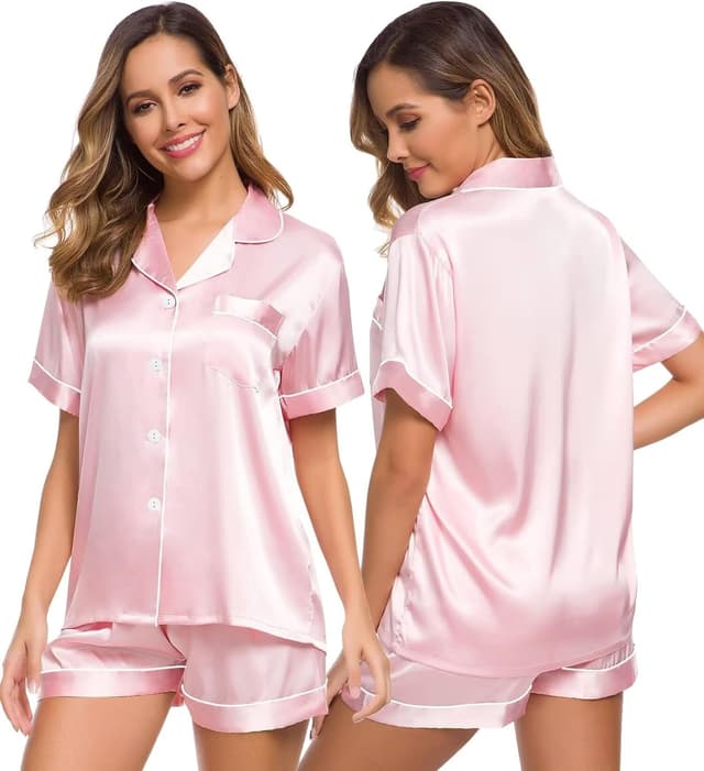 Detalle de SWOMOG Women’s Silk Satin Pyjama Set (Bride) – Two-Piece Button-Down Sleepwear