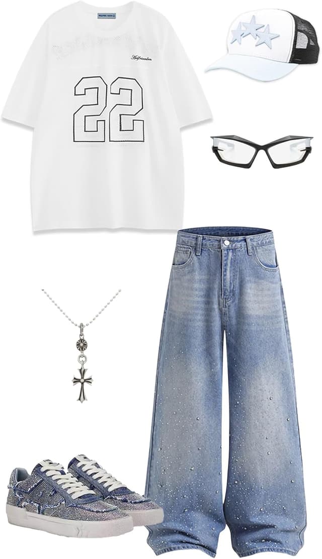 Detalle de Baggy Jeans im Oversize-Stil: Aelfric Eden Herren/Unisex Denim mit Rautenverzierungen und Strass