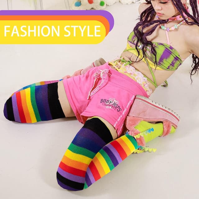 Thumbnail 6 de CWENDANER Regenbogen High Overknee Strümpfe Damen/Mädchen mit fingerlosen Handschuhen-Set