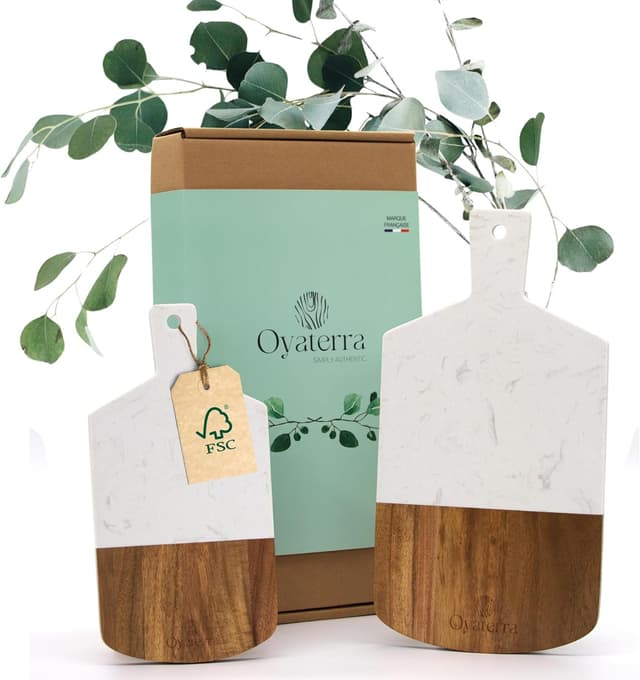 Detalle de Ensemble OYATERRA® de 2 planches apéritif bois & marbre (acacia FSC) pour plateau fromage, charcuterie et service