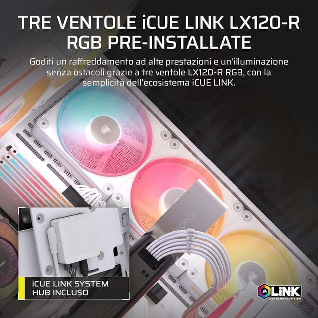 Detalle de CORSAIR 3500X LX-R RGB iCUE LINK (3 ventole LX120-R preinstallate, Hub iCUE LINK) Mid-Tower bianco