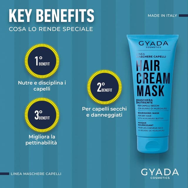Detalle de GYADA COSMETICS Maschera Capelli Nutriente e Ristrutturante con Olio di Semi di Lino e Malva, 200 ml