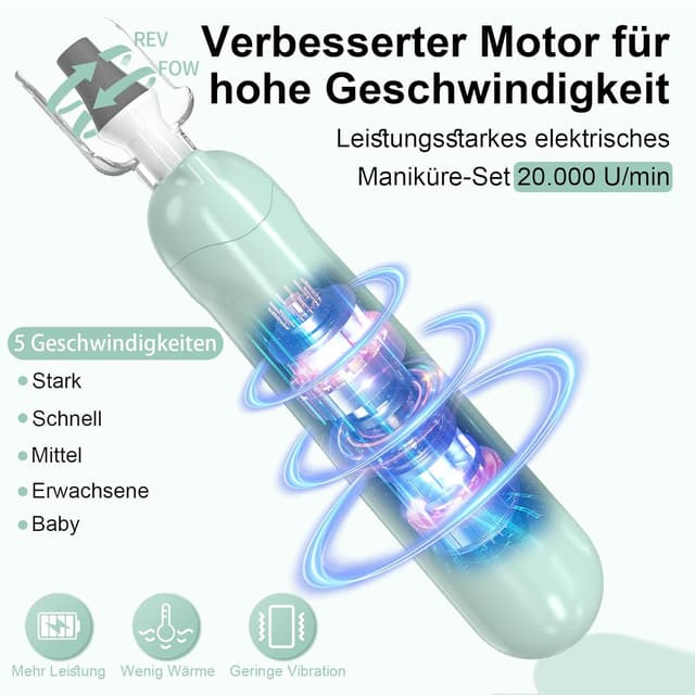 Detalle de AOMEES Elektrische Nagelfräser Set für Maniküre & Pediküre mit 9 Aufsätzen, LED und 5 Geschwindigkeiten