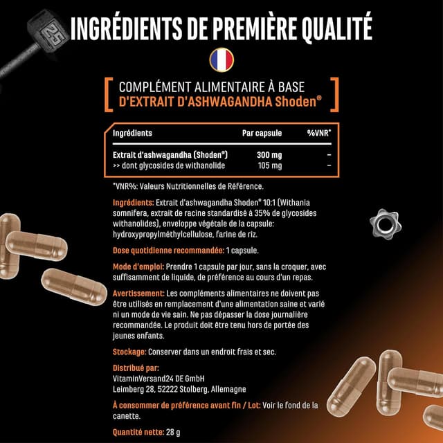 Detalle de Ashwagandha Shoden® 35% de glycosides de withanolides – Extrait breveté en gélules (60 gélules)