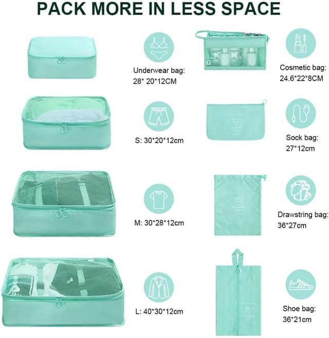 Detalle 2 de OSDUE Koffer Organizer Set 8-teilig mit Packing Cubes, wasserdichten Reise-Kleidertaschen (Hellblau)