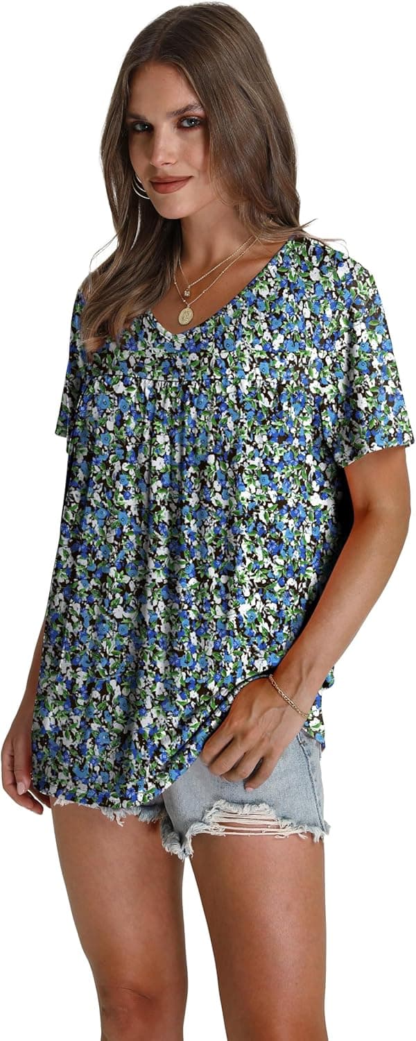 Detalle de WEESO Women’s V-Neck Pleated Short-Sleeve T-Shirt Dressy Casual Top