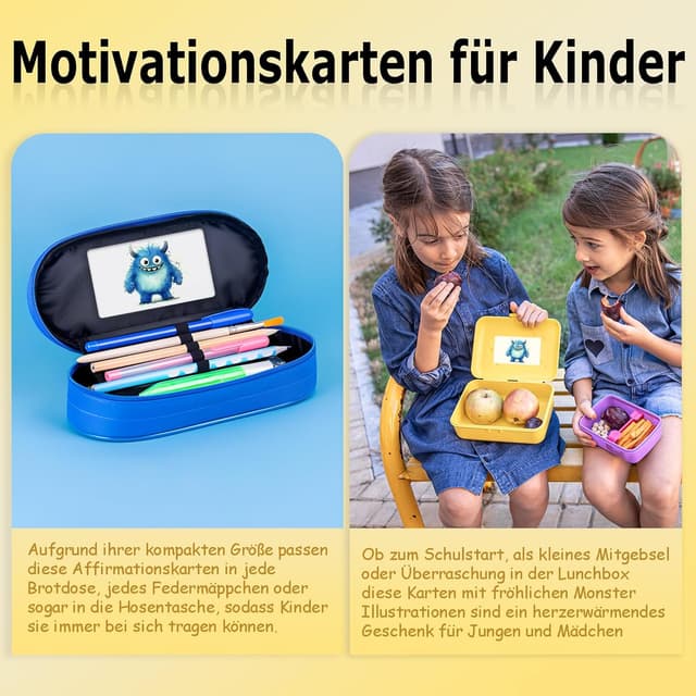 Detalle de Oizemori 20 Affirmationskarten für Kinder – Mutmacher mit Monster-Motiven für Schule, Kita & Brotdose