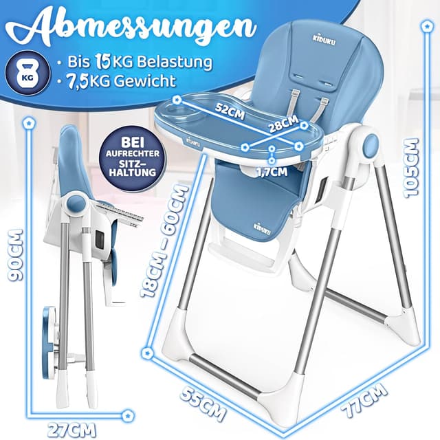 Detalle de KIDUKU Hochstuhl Baby 3in1 klappbar mit Liegefunktion, Neugeborenenaufsatz und Spielbogen (0–36 Monate)