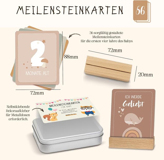 Detalle de BIROYAL 56 Meilensteinkarten für Baby (Monatskarten 1–12 Monate) mit Holzsockel & Metallbox