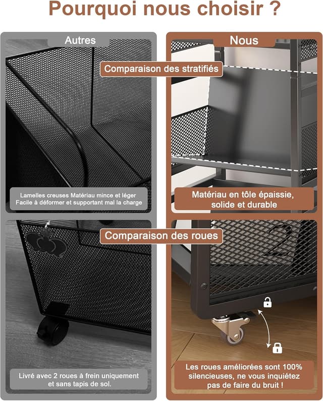 Detalle de Chariot livre bibliothèque à roulettes 70 kg avec 3 étagères mobiles et serre-livres magnétiques (noir)