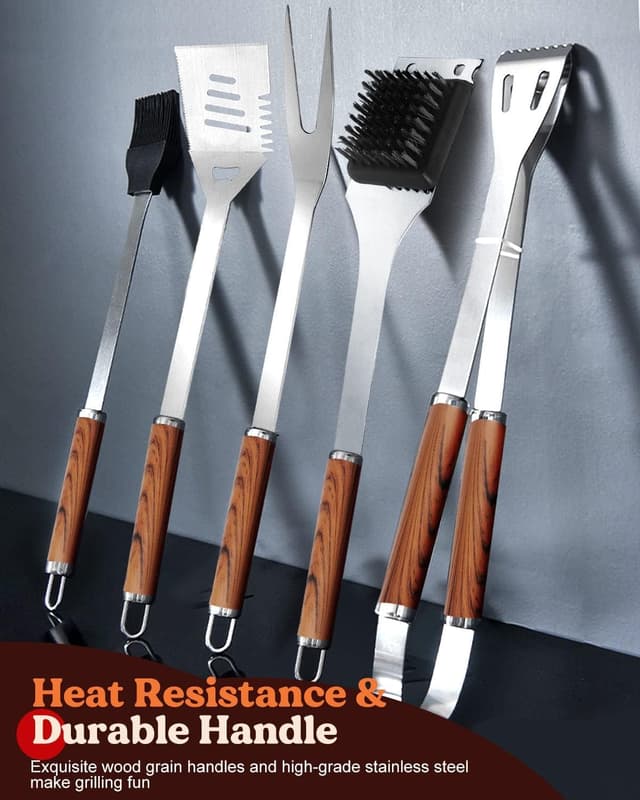 Detalle de KALAHOL 7-in-1 extra thick stainless steel BBQ tools set with storage bag