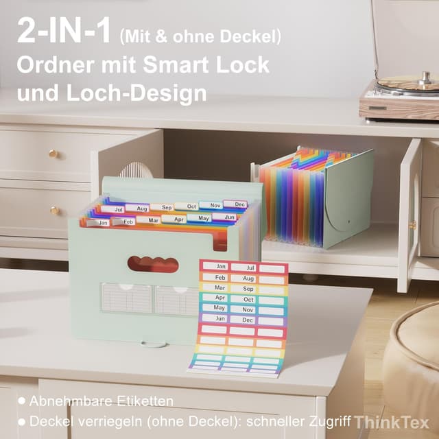 Detalle de ThinkTex 12-Fächer Dokumentenmappe A4 in Morandi Grün – Ordner mit Fächern, Etiketten und Kordelzug