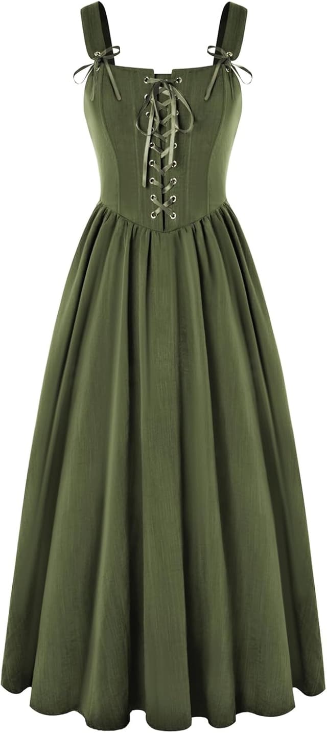 Detalle de SCARLET DARKNESS Robe Renaissance longue sans manches à corsage, encolure carrée et laçage