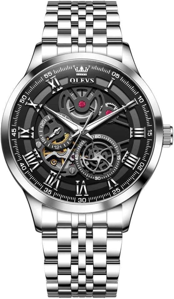 Detalle de OLEVS Herren Uhr Quarz „Luxus Business“ mit Skelettdesign, Chronograph & Mondphase