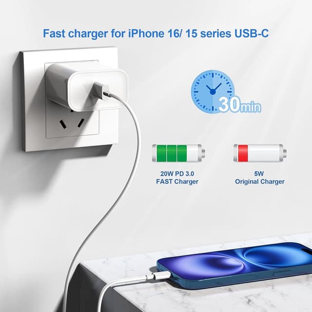 Detalle de 10ft USB-C Cable + 20W USB-C Wall Charger Set for iPhone 16/15 Pro Max, iPad & AirPods (Fast Charging) — White