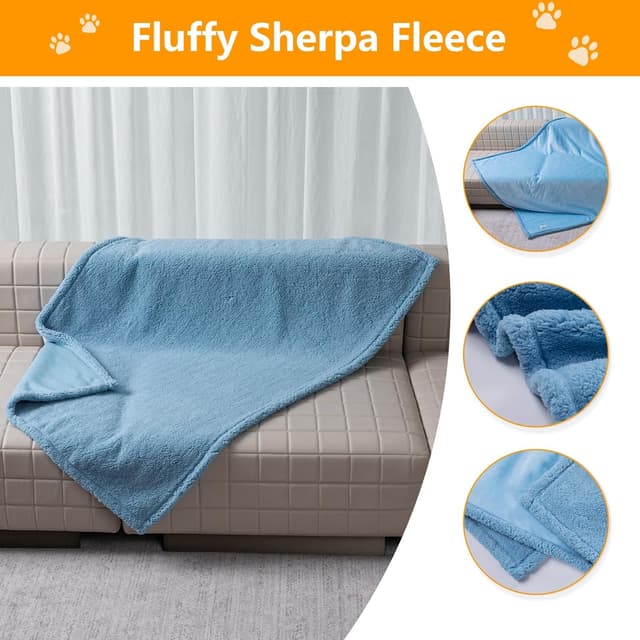 Detalle de Maidewow Waterproof Reversible Dog Blanket with Sherpa & Flannel Fleece Lining (Leakproof) – Blue