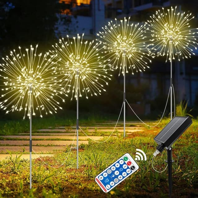 Detalle de Solar Feuerwerk Gartenlichter mit 120 LED (4er-Set) – Solarstecker für Terrasse, Wege & Rasen