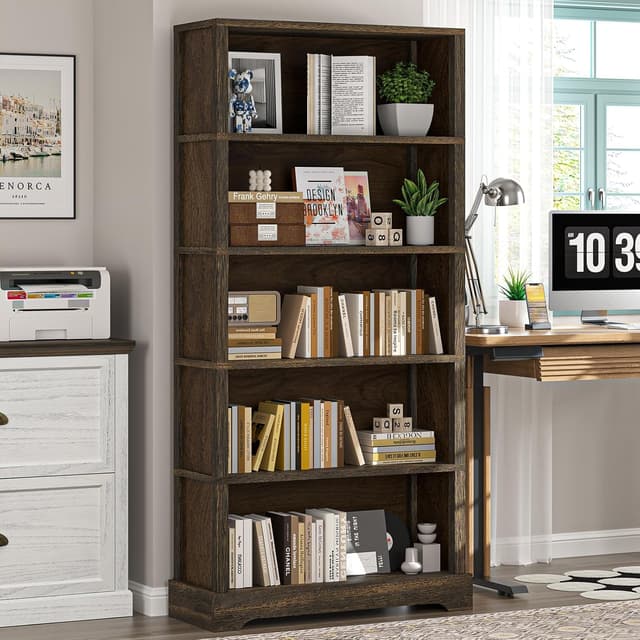 Detalle 2 de TVU 5-Tier Solid Wood Book Shelf (Walnut) — Floor-Standing 65" Farmhouse Bookcase