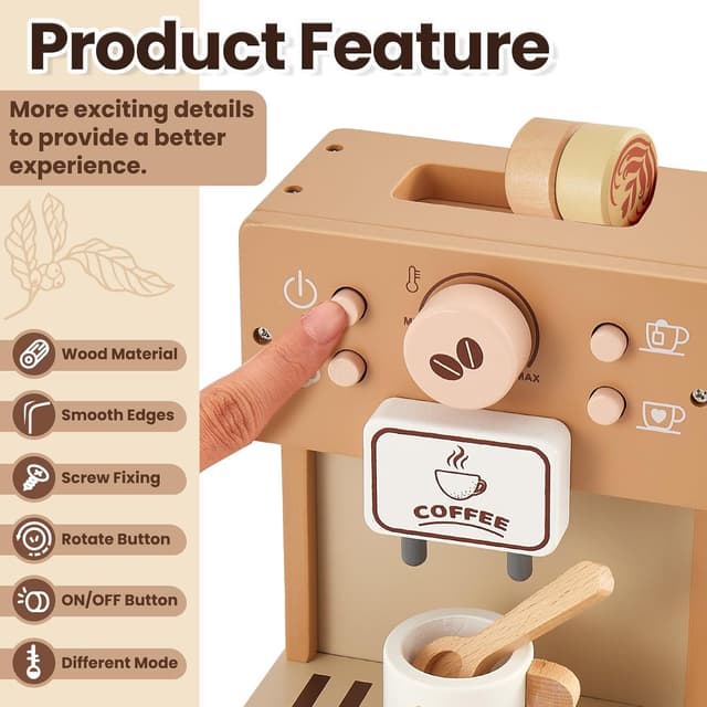 Detalle de BUYGER Kids Wooden Coffee Machine Toy – Pretend Coffee Playset for Ages 3–5