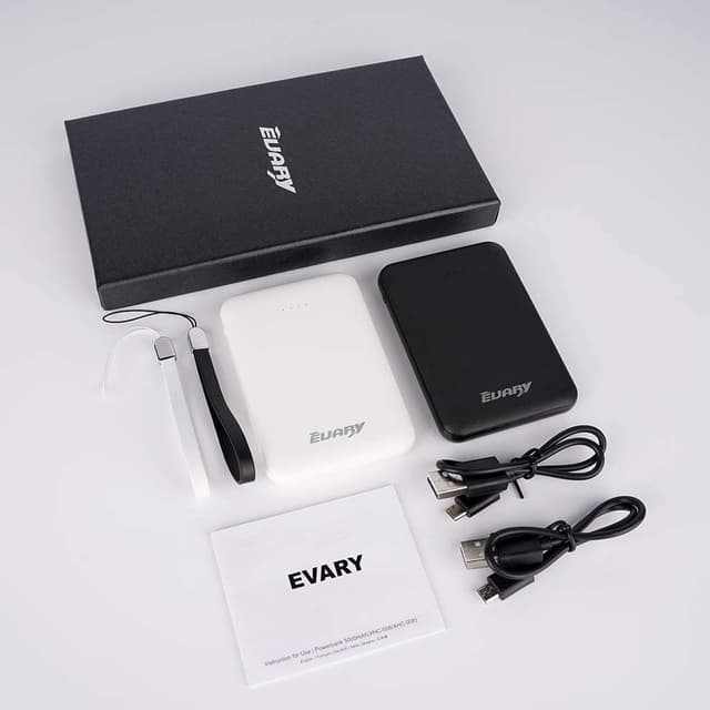 Detalle 1 de EVARY Mini Power Bank 5000 mAh (2 confezioni) bianco e nero con cavo micro USB