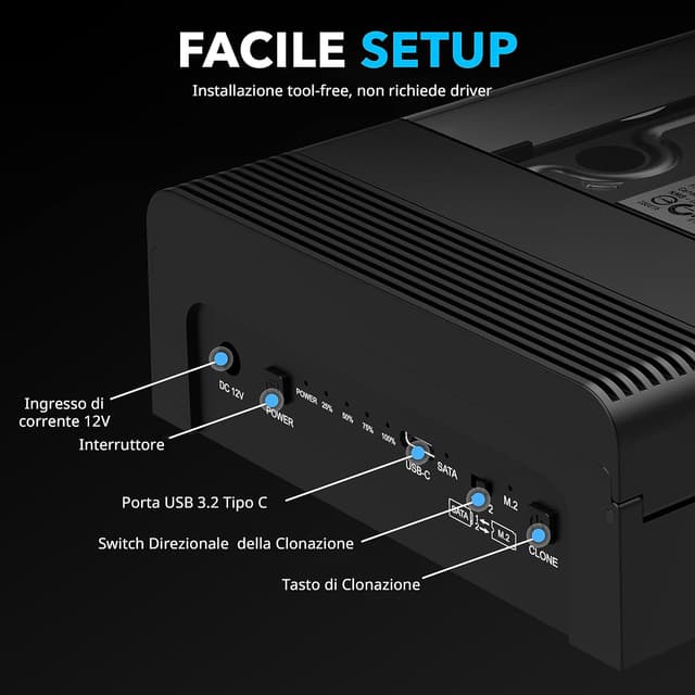Detalle de SABRENT DS-UFNC docking station USB-C per SSD M.2 NVMe e HDD/SSD SATA 2,5"/3,5" con clonazione offline